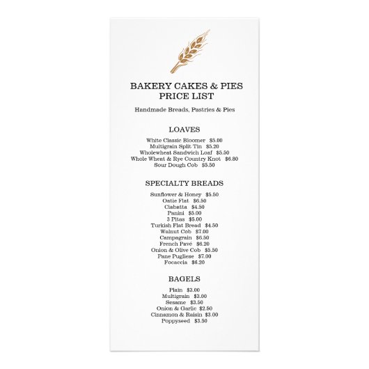 Bakkerij goederen prijslijst rack kaart (Voorkant)