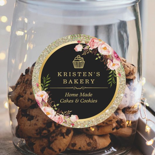 Bakkerij - Logo | Floral Gold Glitter Sparkles Ronde Sticker