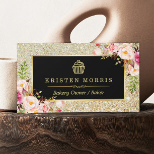 Bakkerij - Logo   Floral Gold Glitter Sparkles Visitekaartje