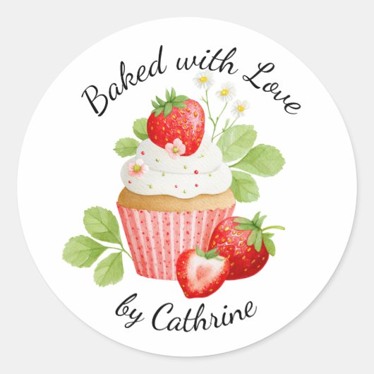Bakkerij Logo Stickers,  Aardbeien Cupcake Label (Voorkant)