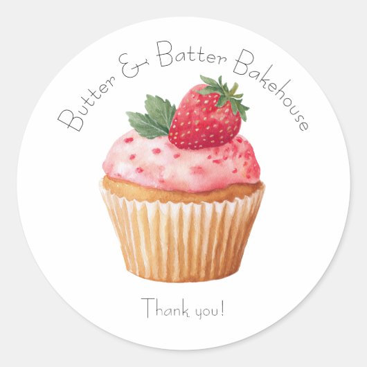 Bakkerij Logo Stickers,  Aardbeien Cupcake Label (Voorkant)