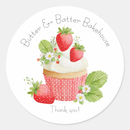 Bakkerij Logo Stickers,  Aardbeien Cupcake Label (Voorkant)