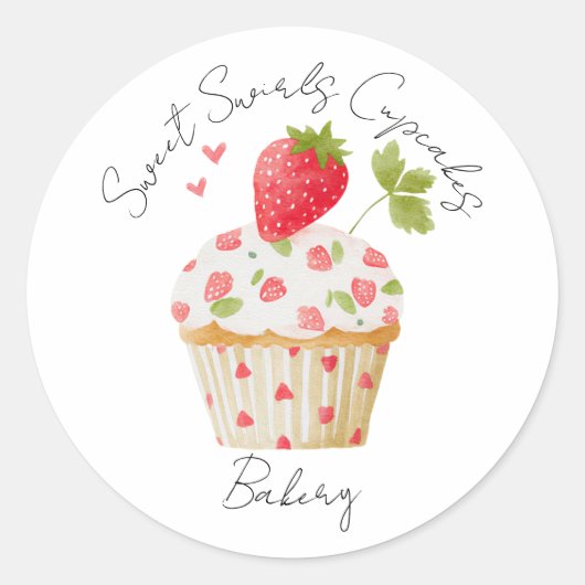Bakkerij Logo Stickers,  Aardbeien Cupcake Label (Voorkant)