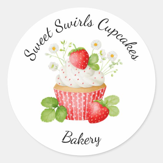 Bakkerij Logo Stickers,  Aardbeien Cupcake Label (Voorkant)