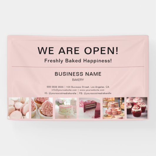 Bakkerij Minimal Pink Photo We zijn open Spandoek (Horizontaal)