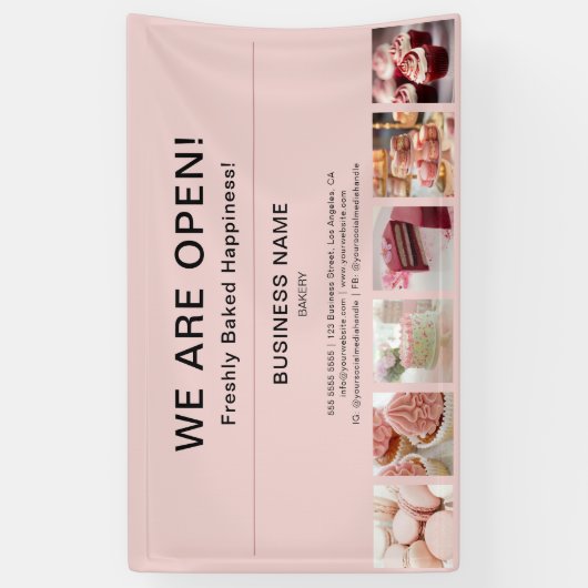 Bakkerij Minimal Pink Photo We zijn open Spandoek (Verticaal)