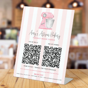 Bakkerij Mixer Blush Roze Strepen 2 QR Code Betaal Reclamebord Met Voetstuk
