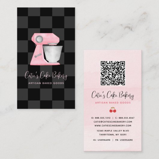 Bakkerij Mixer Blush Roze Zwart Geruit QR Code Visitekaartje (Voorkant / Achterkant)