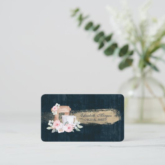 Bakkerij, mixer Flowers, Brush Stroke Blue Visitekaartje (Staand voorkant)