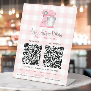 Bakkerij Mixer Logo Roze Gingham 2 QR Code Betaal Reclamebord Met Voetstuk