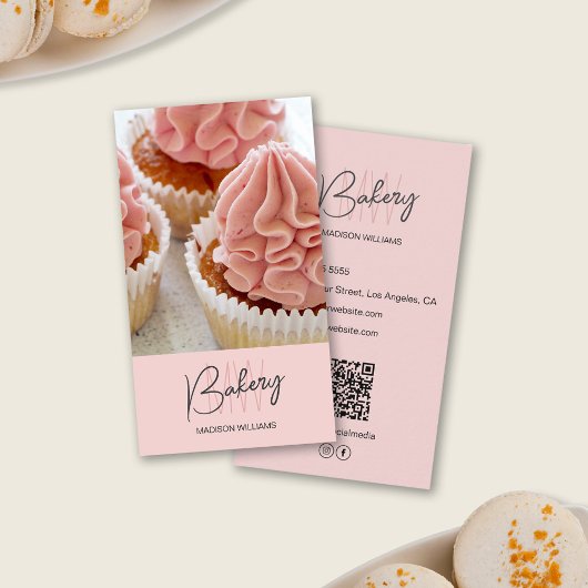 Bakkerij Monogram Logo Aangepaste Foto QR Roze Visitekaartje