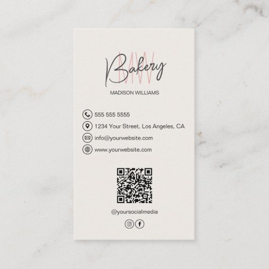 Bakkerij Monogram Logo Aangepaste Foto QR Tan Visitekaartje (Achterkant)