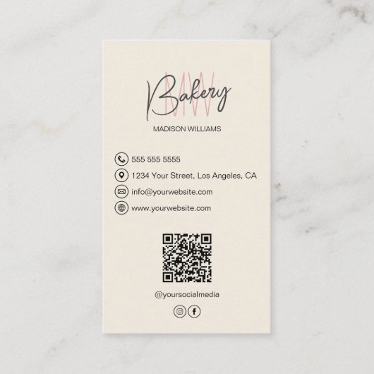 Bakkerij Monogram Logo Custom Photo QR Cream Visitekaartje (Achterkant)