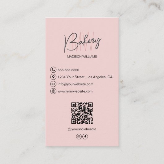Bakkerij Monogram Logo Custom Photo QR Pink Visitekaartje (Achterkant)