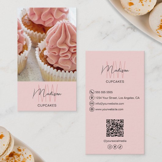 Bakkerij Monogram Logo Foto QR Roze Visitekaartje