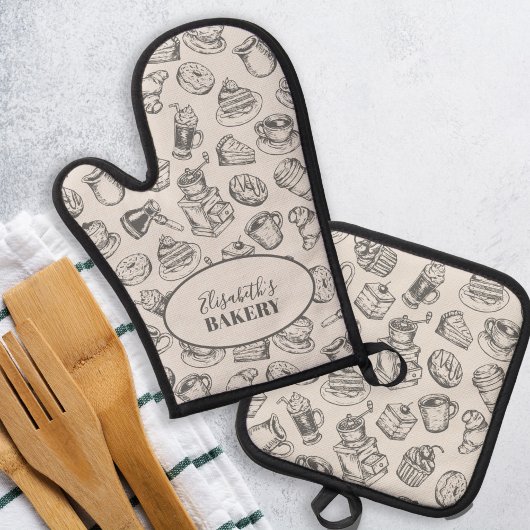 bakkerij naam gepersonaliseerd grijs bakken ovenwant & pannenlap set