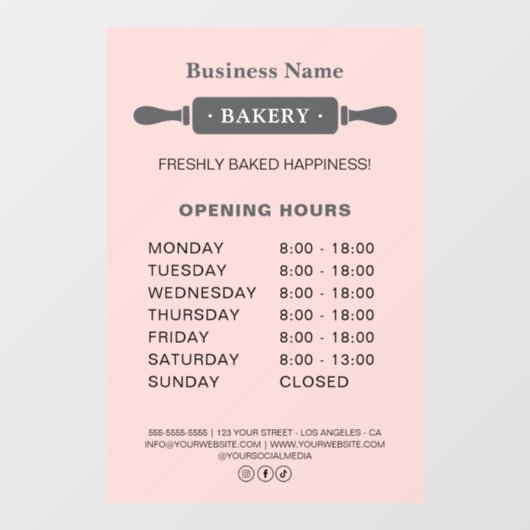 Bakkerij Openingstijden Rolling Pin Pink Raamsticker (Vel)