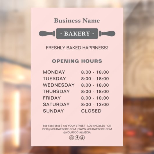 Bakkerij Openingstijden Rolling Pin Pink Raamsticker (Vel 2)