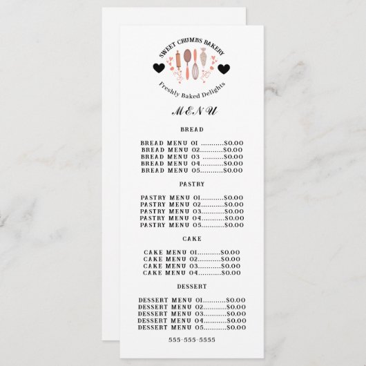 Bakkerij Pastry Chef Baking Utensils bedrijf Menu (Voorkant / Achterkant)