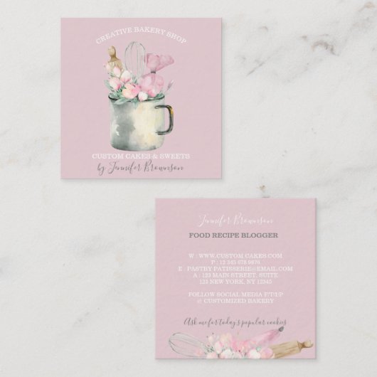 Bakkerij Pastry Chef Boho roze floraal Vierkante Visitekaartje (Voorkant / Achterkant)