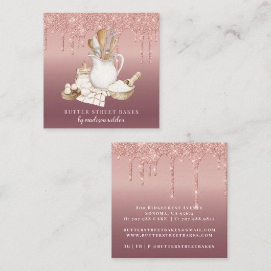 Bakkerij Pastry Chef Glitter Drift Roos Gold Vierkante Visitekaartje (Voorkant / Achterkant)
