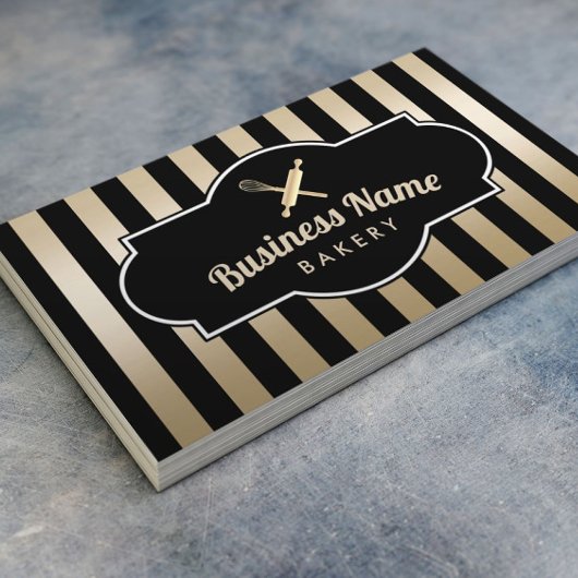 Bakkerij Pastry Chef Modern Black & Gold Stripes Visitekaartje