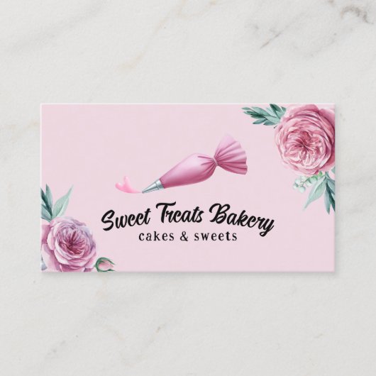 Bakkerij Pastry Chef Piping Bag & Heart Pink Flora Visitekaartje (Voorkant)