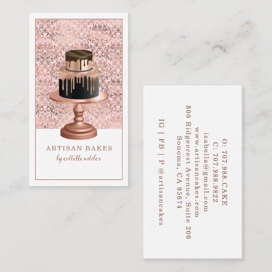 Bakkerij Pastry Chef Roos Gold Drives Cake Damask Visitekaartje (Voorkant / Achterkant)