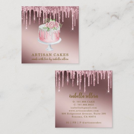 Bakkerij Pastry Chef Roos Gold Glitter Drift Cake Vierkante Visitekaartje (Voorkant / Achterkant)