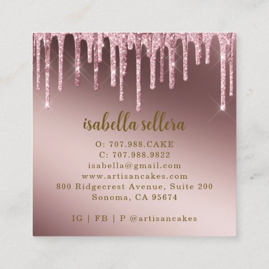 Bakkerij Pastry Chef Roos Gold Glitter Drift Cake  Vierkante Visitekaartje (Achterkant)