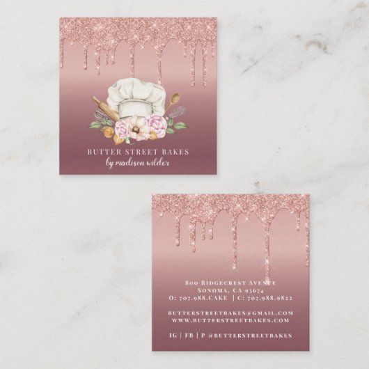 Bakkerij Pastry Chef Roos Gold Glitter Drivers Vierkante Visitekaartje (Voorkant / Achterkant)