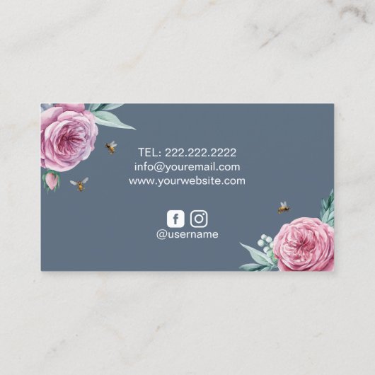 Bakkerij Pastry Chef Rustic Flower & Bees Dusty Bl Visitekaartje (Achterkant)