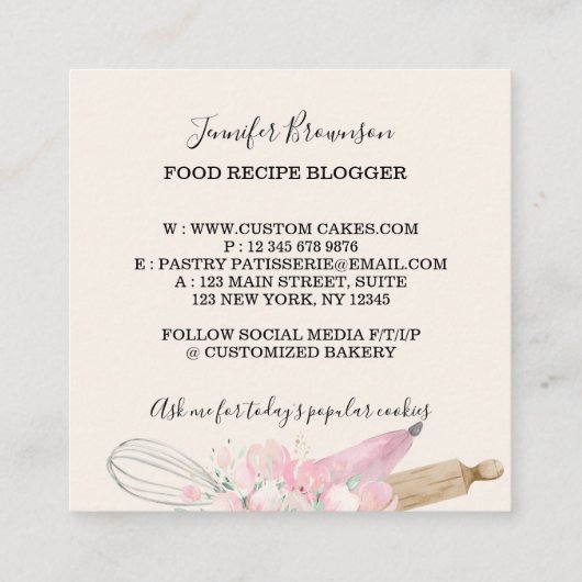 Bakkerij Pastry Chef schattig ivoor Vierkante Visitekaartje (Achterkant)