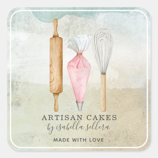 Bakkerij Pastry Chef Waterverf Baking Utiers Vierkante Sticker (Voorkant)