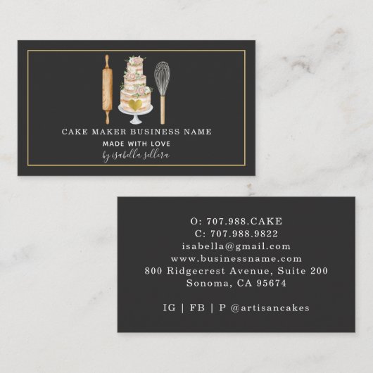 Bakkerij Pastry Chef Waterverf Baking Util Black Visitekaartje (Voorkant / Achterkant)