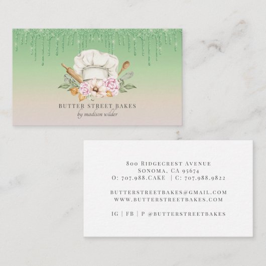 Bakkerij Pastry Chef Waterverf Chef Pet Glitter Bu Visitekaartje (Voorkant / Achterkant)