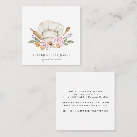 Bakkerij Pastry Chef Waterverf Chef Pet Vierkante Visitekaartje (Voorkant / Achterkant)