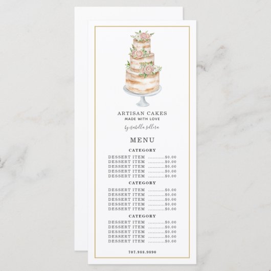 Bakkerij Pastry Chef Waterverf Roze Floral Cake Menu (Voorkant / Achterkant)