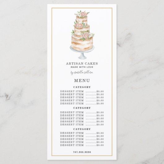 Bakkerij Pastry Chef Waterverf Roze Floral Cake Menu (Voorkant)