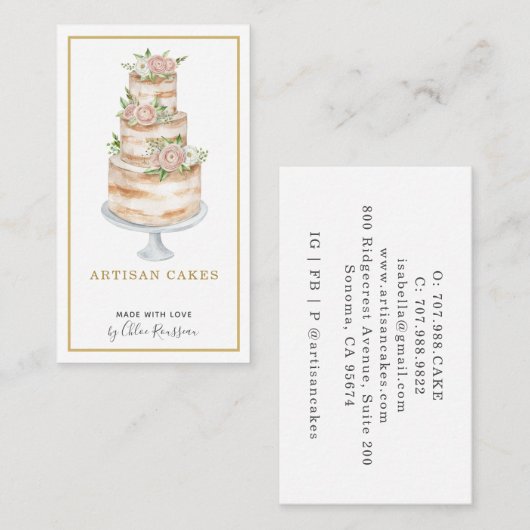 Bakkerij Pastry Chef Waterverf Roze Floral Cake Visitekaartje (Voorkant / Achterkant)