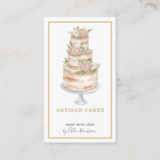 Bakkerij Pastry Chef Waterverf Roze Floral Cake Visitekaartje (Voorkant)