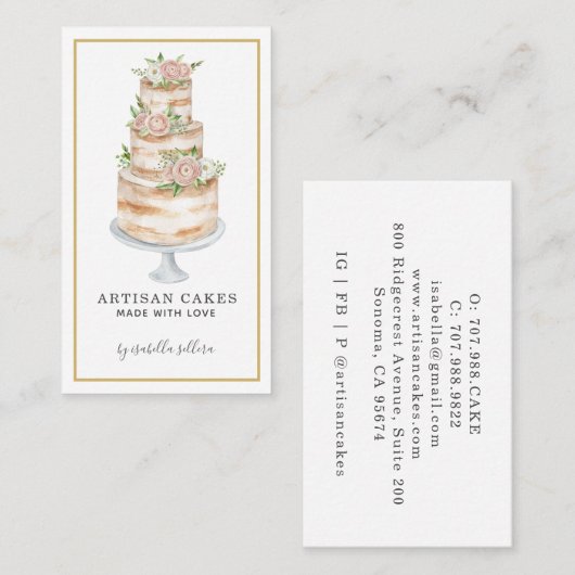 Bakkerij Pastry Chef Waterverf Roze Floral Cake Visitekaartje (Voorkant / Achterkant)