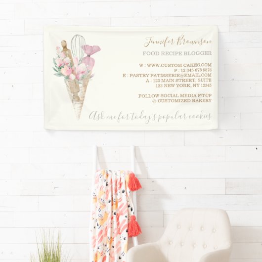 Bakkerij Pastry Roze Bloemen Boho Creatief Spandoek (Insitu)