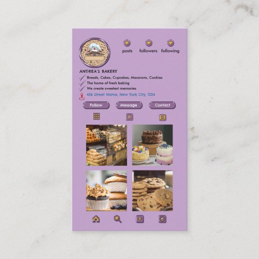 Bakkerij Professioneel Modern Paarse Instagram Visitekaartje (Voorkant)