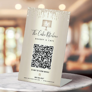 Bakkerij QR Code Scan Menu Gouden Cake Glitter Dru Reclamebord Met Voetstuk