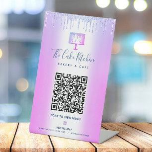 Bakkerij QR Code Scan Menu Paarse Cake Glitter Dru Reclamebord Met Voetstuk