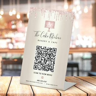 Bakkerij QR Code Scan Menu Roze Cake Glitter Goud Reclamebord Met Voetstuk