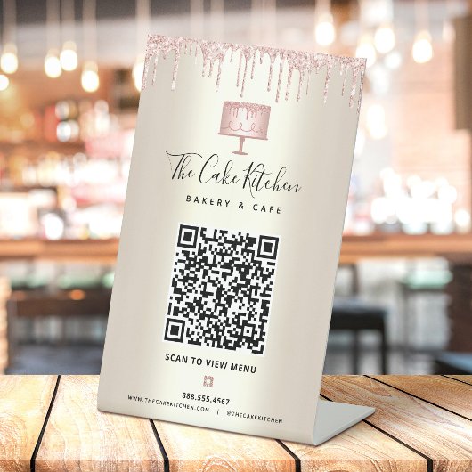 Bakkerij QR-code Scanmenu Roze Cap Glitter Gold Reclamebord Met Voetstuk