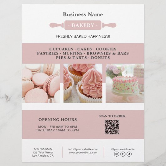 Bakkerij Rolling Pin Wit Roze Zakelijke Marketing Flyer (Voorkant)