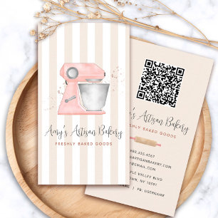 Bakkerij Roze Keukenmixer Beige Strepen QR Code Visitekaartje